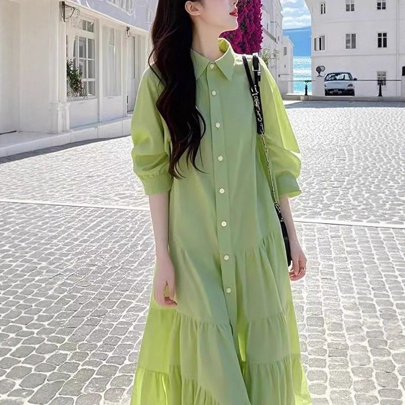 2026 Spring New French Design Dress Versatile Slimming Solid Color Fresh Style Shirt-Style Mid-Length Dress