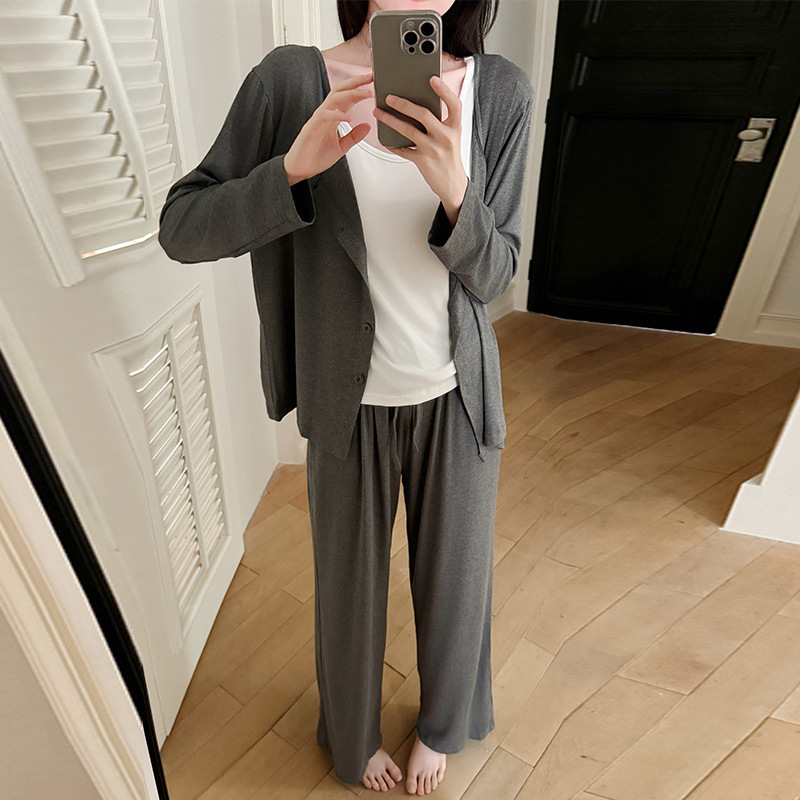 春秋季背心带胸垫人棉睡衣女可外穿长袖长裤三件套女生家居服套装|undefined