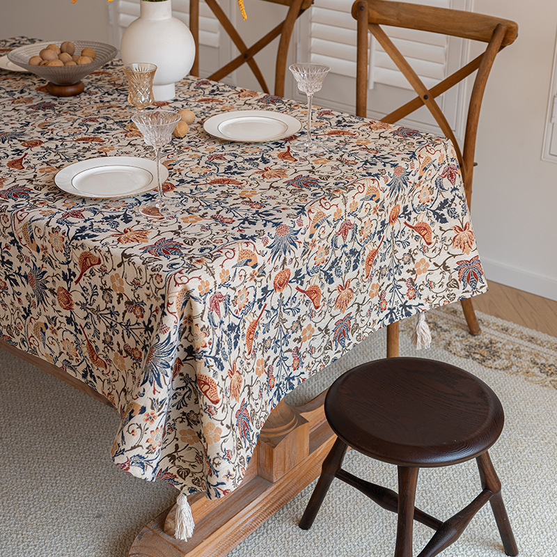 American Vintage Cotton and Linen Cloth Tablecloth Flower and Bird Yarn-dyed Jacquard Tablecloth Rectangular Coffee Table Tablecloth Tassel Cover Cloth