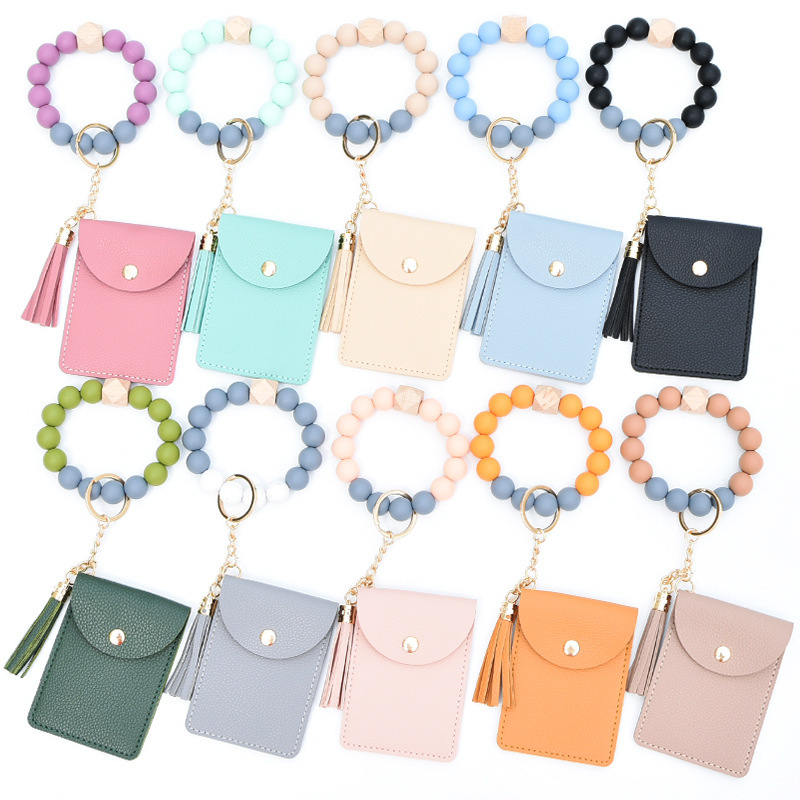 Carefully Selected Silicone Bead Bracelet Pure Color Card Holder Keychain Wallet Leather Tassel Multi-Card Slot Coin Purse Leather Card