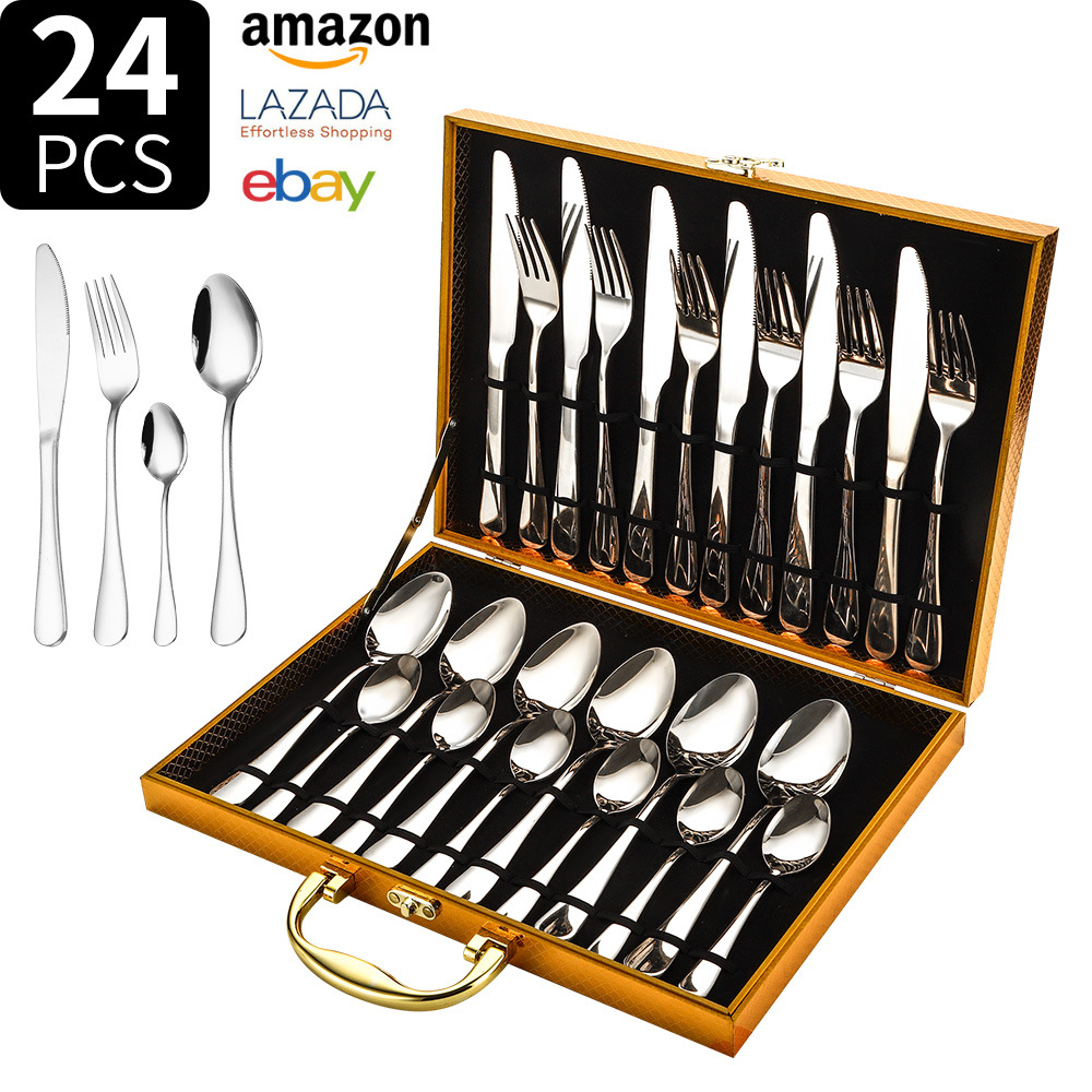 Juego de vajilla de acero inoxidable Transfronterizo Amazon 1010 juego de 24 piezas de vajilla occidental bistec cuchillo tenedor cuchara juego de caja de regalo