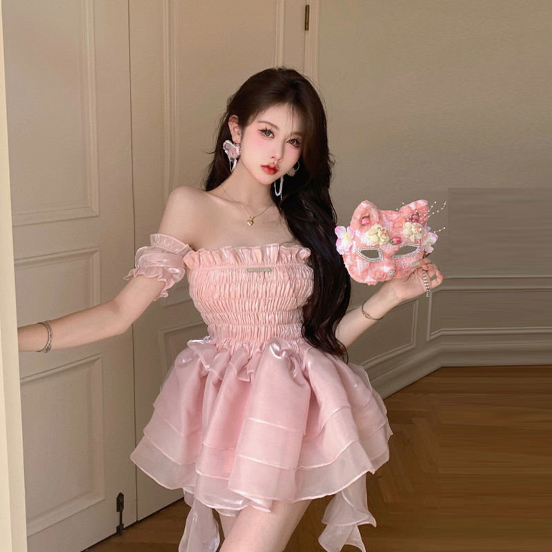 Fairy Dress for Women Summer Pink Tube Top One-Shoulder High-End Fluffy Cake Skirt Sweet and Spicy Chic Stunning Dress