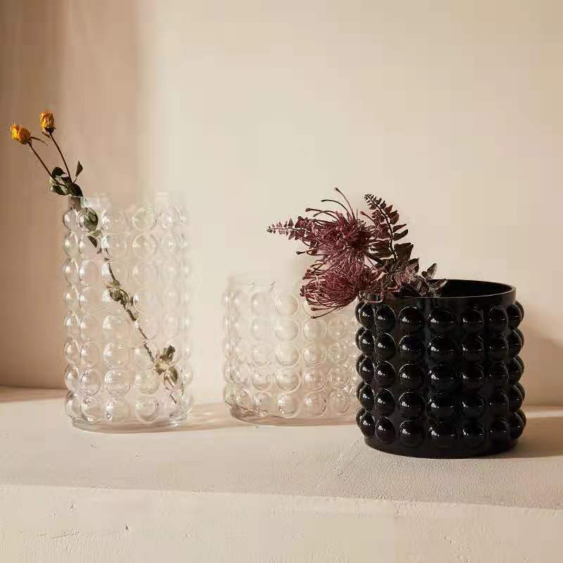 欧式家居用品软装轻奢饰品花瓶泡泡直筒玻璃圆形花盆气泡花纹摆件
