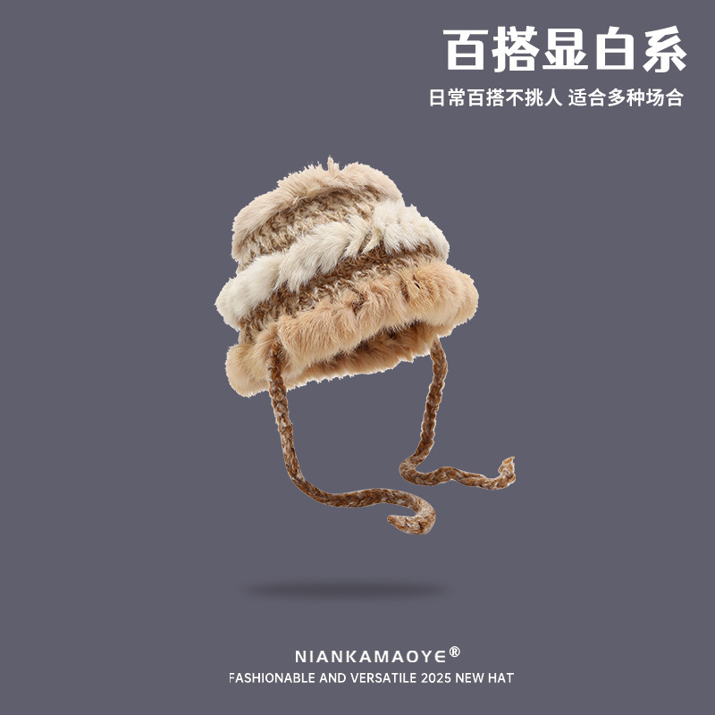 毛绒针织帽女秋冬季拼接保暖毛线帽韩版甜美可爱绑带护耳包头帽子|undefined