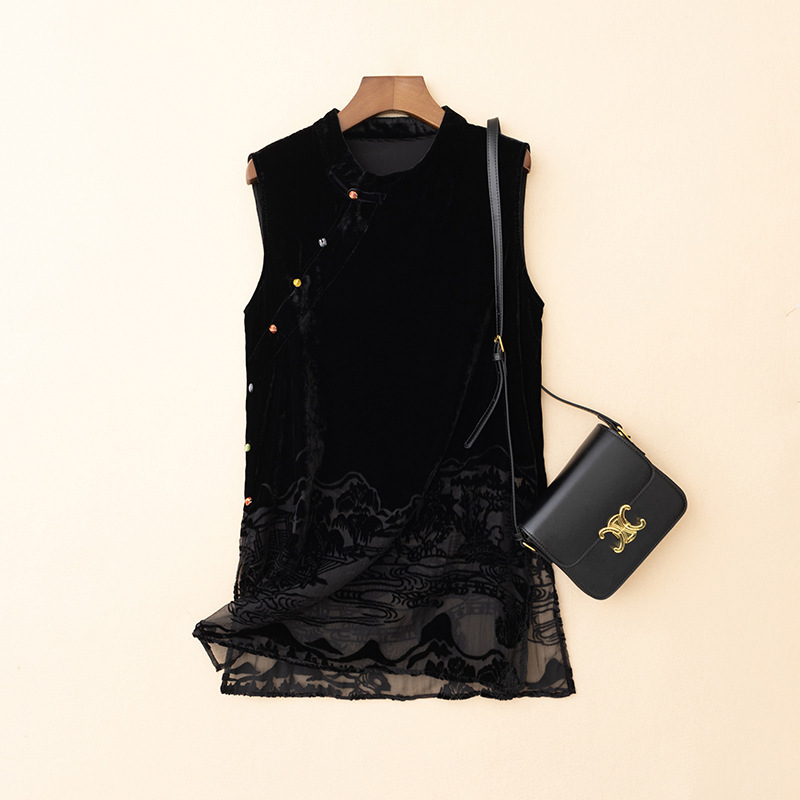 Chinese-Style Velvet Diagonal Button Beaded Top with Heavy Embroidery, Pavilion Design, Slim-Fit Sleeveless T-Shirt Base Shirt