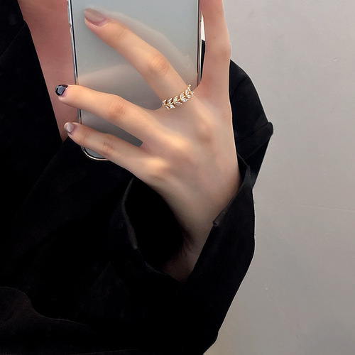 Open adjustable zircon leaf ring for women ins trendy fashion simple personalized design index finger ring bracelet