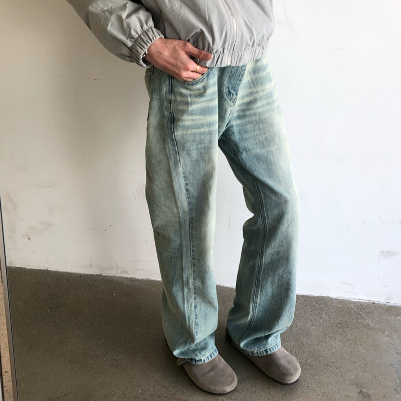 AUTICUP American Washed Old Ice Blue Cream Cat Whiskers Scratch Casual Micro Straight Leg Jeans Pants AUTICUP American Washed Old Ice Blue Cream Cat Whiskers Scratch Casual Micro Straight Leg Jeans Pants