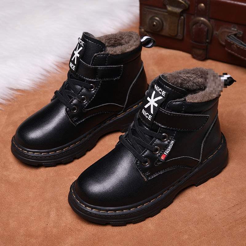 Boys' Boots, Winter Kidsren's Cotton Shoes, Boys' Snow Boots, Thickeneded Plus Velvet Leather Shoes, Medium and Large Kidsren's Short Boots