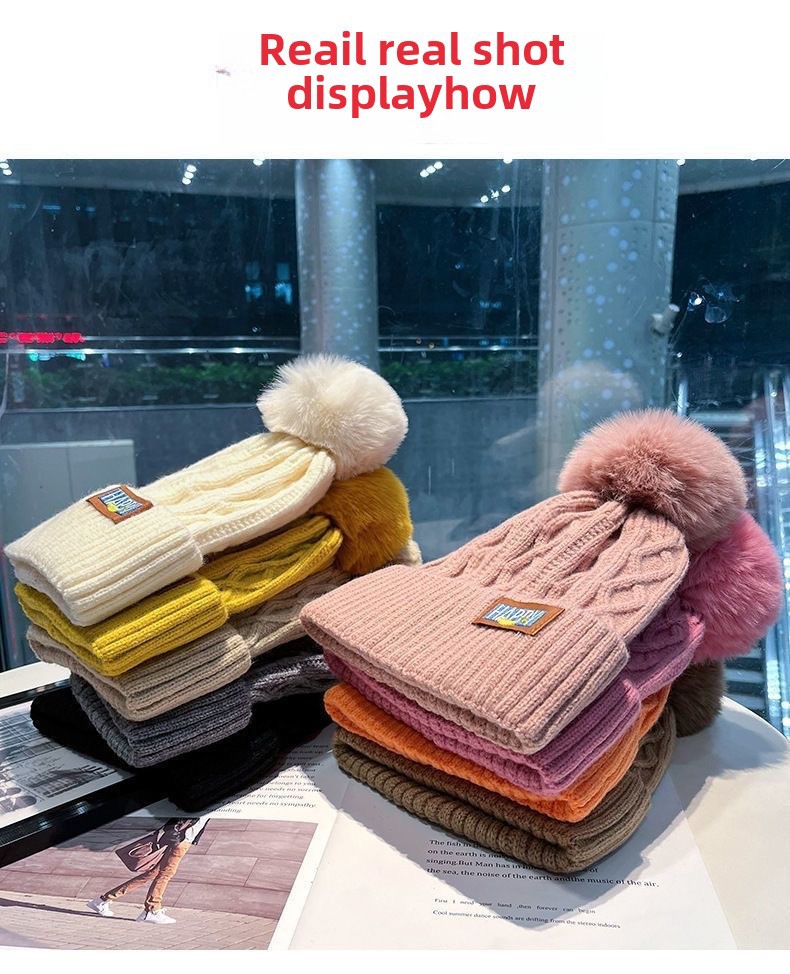 Wintermütze aus Wolle mit Fleecefutter, dicke, warme Strickmütze aus dem Nordosten, für Damen, großer Kopf, Ohrenschutz, Haarballmütze, weiße Ballmütze_voghion.com