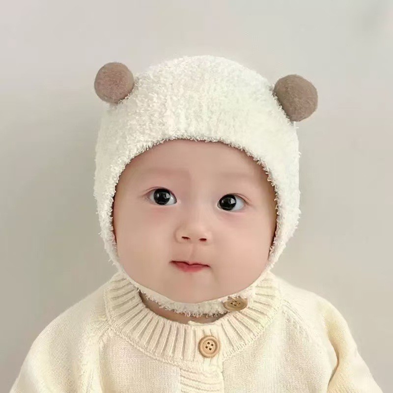 婴儿帽子秋冬季小月龄可爱超萌保暖男女宝宝护耳毛绒套头帽纯色潮|undefined