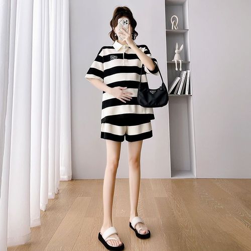Summer short-sleeved maternity two-piece loose Korean style trendy mom striped belly cover top pregnancy summer suit for pregnant women
