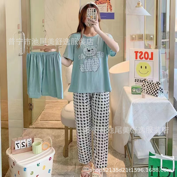 Pajamasクロスボーダー外国貿易工場卸売パジャマ女性半袖ショートパンツ長ズボン三点セット漫画ホームスーツ|undefined
