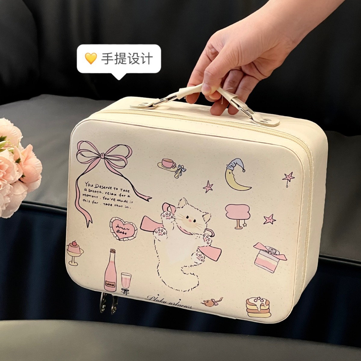 2024 nueva caja de maquillaje de dibujos animados de alta capacidad de productos para el cuidado de la piel de alta calidad maleta de almacenamiento con bolsas de maquillaje espejo