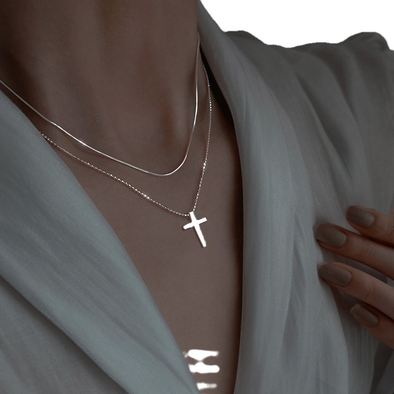 new simple cross pendant bead chain necklace cold style niche design snake bone chain necklace_voghion.com