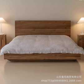 侘寂风老榆木大床家用靠背双人床实木风化民宿酒店双人大床床板