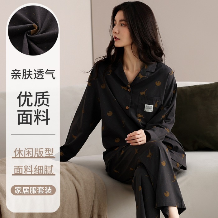 现货情侣纯棉睡衣秋季长袖长裤翻领全棉家居服两件套一件代发包邮|undefined
