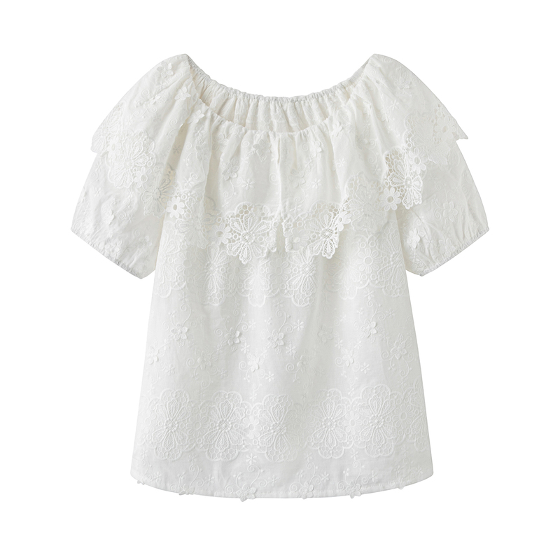 French-Style Lace White Blouse for Women, 2026 Summer New Embroidered Off-Shoulder Lantern Sleeve Short-Sleeve Top French-Style Lace White Blouse for Women, 2026 Summer New Embroidered Off-Shoulder Lantern Sleeve Short-Sleeve Top