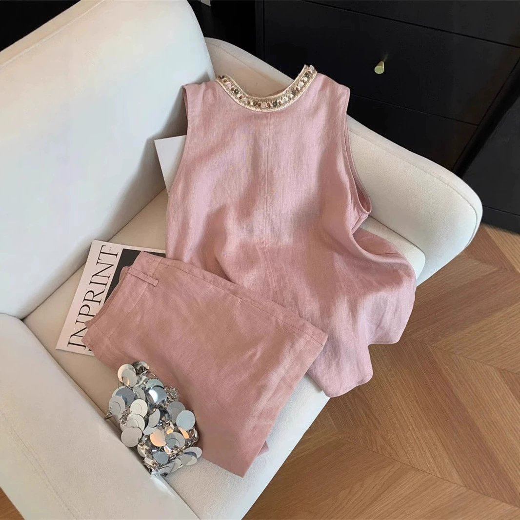 Летняя модная льняная безрукавка с бисером ручной работы в корейском стиле 2025 года, универсальный топ для женщин в корейском стиле