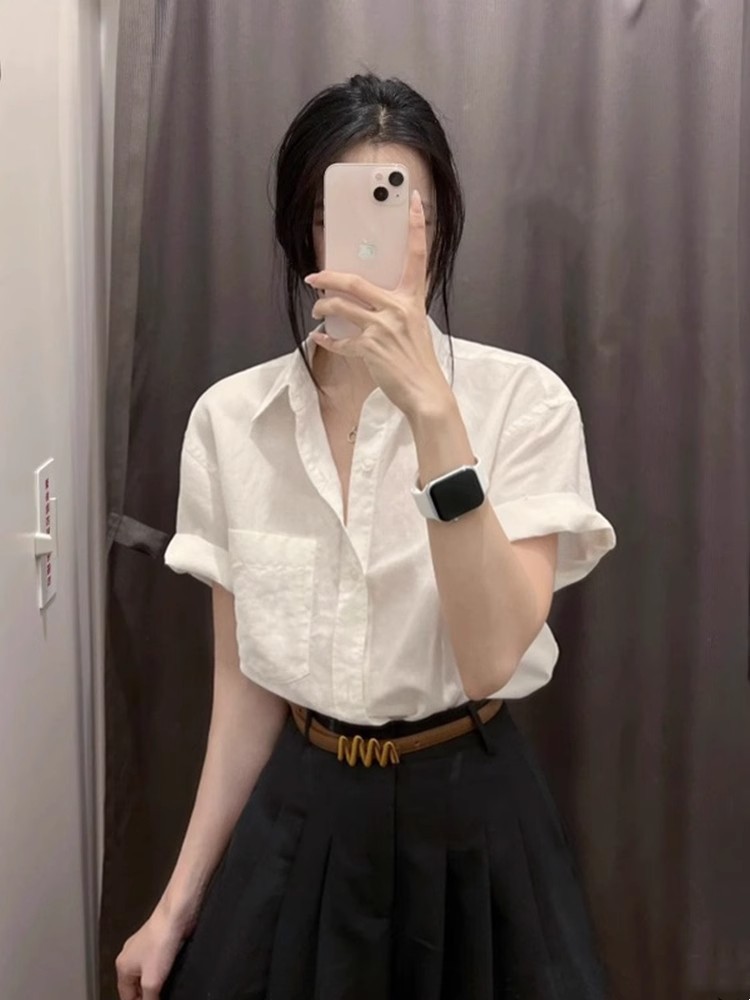Áo sơ mi cổ polo ngắn tay cotton linen form chuẩn vai — màu trắng