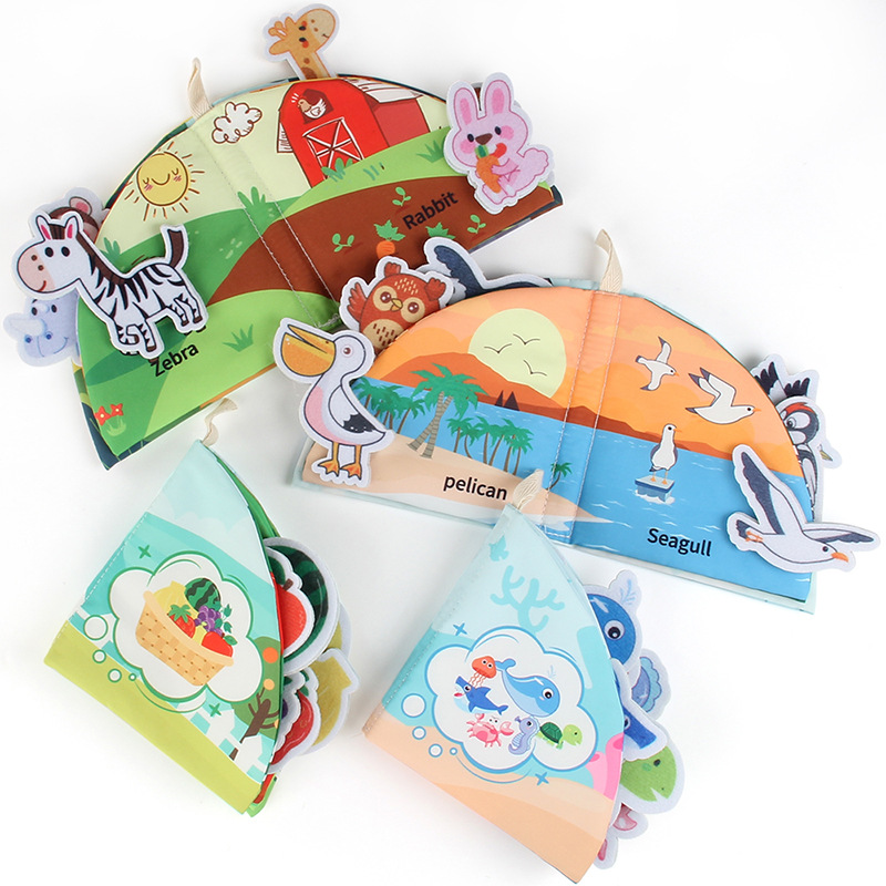 Libro de tela para bebés Velcro desgarrador libro animal forestal frutas libro tridimensional puede roer bebés preescolar libro de palma