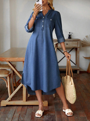 Women's European and American Spring/Summer/Fall Casual V-Neck Denim Dress with Flap Pockets, Side Hem A-Line Skirt