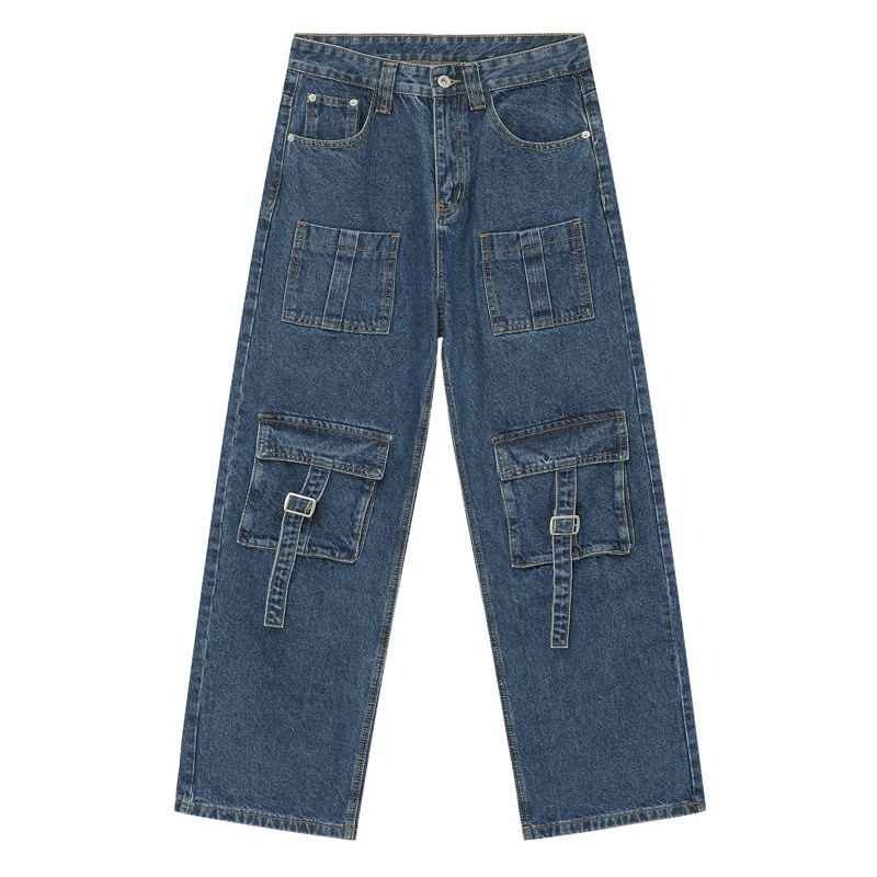 MTLClothes ropa de Hombre | 2023 otoño europeo y americano calle multi-Bolsillo costura Diseño ancho pierna ropa de trabajo jeans