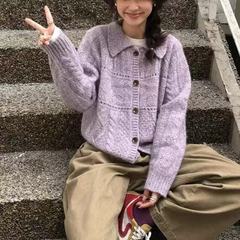 韩国秋新款毛衣翻领系扣麻花镂空针织开衫韩系温柔风复古时尚休闲