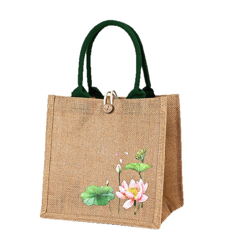 Bolsas de lino en stock, bolsas de compras de yute con botón, bolsas de lino con bordado de loto recubierto, personalizables.