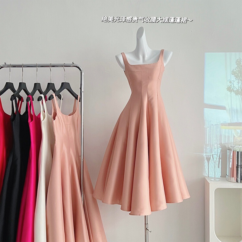 Real shot in stock new women's waist slimming rose red dress dress
