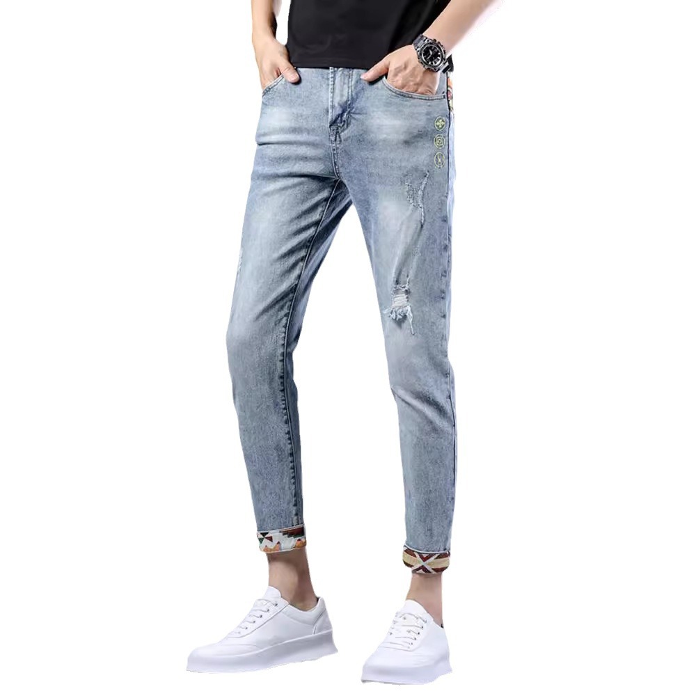 brand embroidered denim jeans for men in summer, thin Korean version, trendy casual, slim fit, small foot_voghion.com