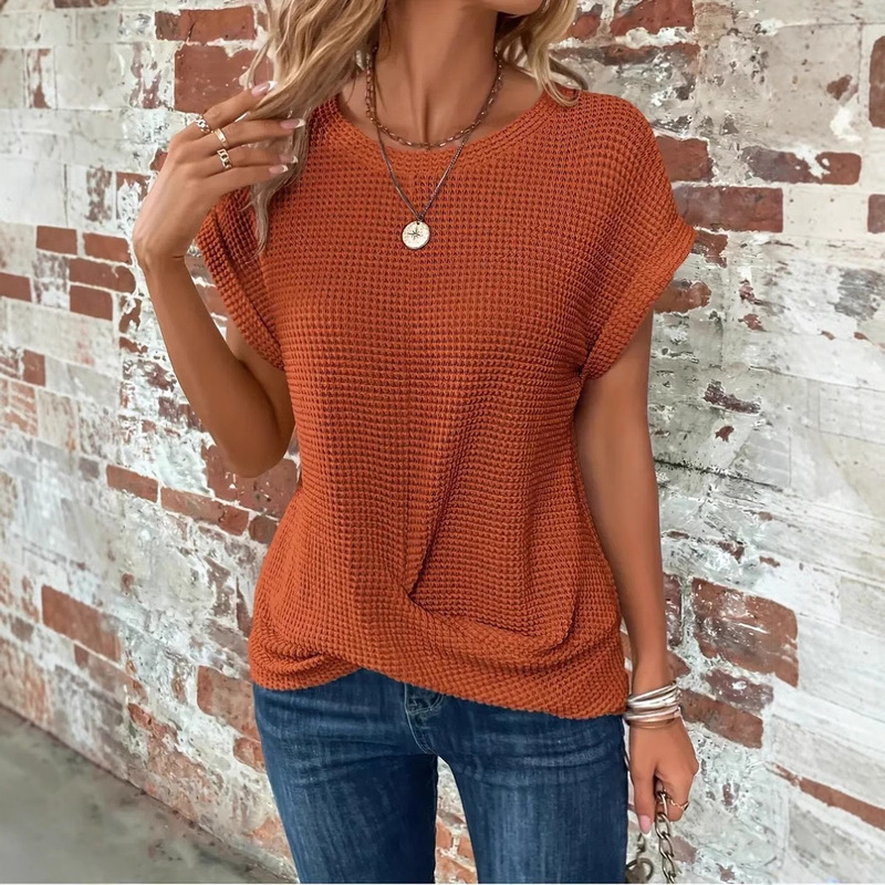 2026 New Solid Color Round Neck T-Shirt Elegant Short Twisted Hem Top Spring and Summer Women's Clothing Amazon Cross-Border Hot Seller