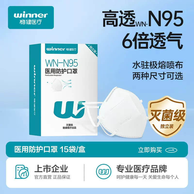 Winner稳健高透气灭菌白色医用防护口罩折叠式WN-N95口罩 15个/盒
