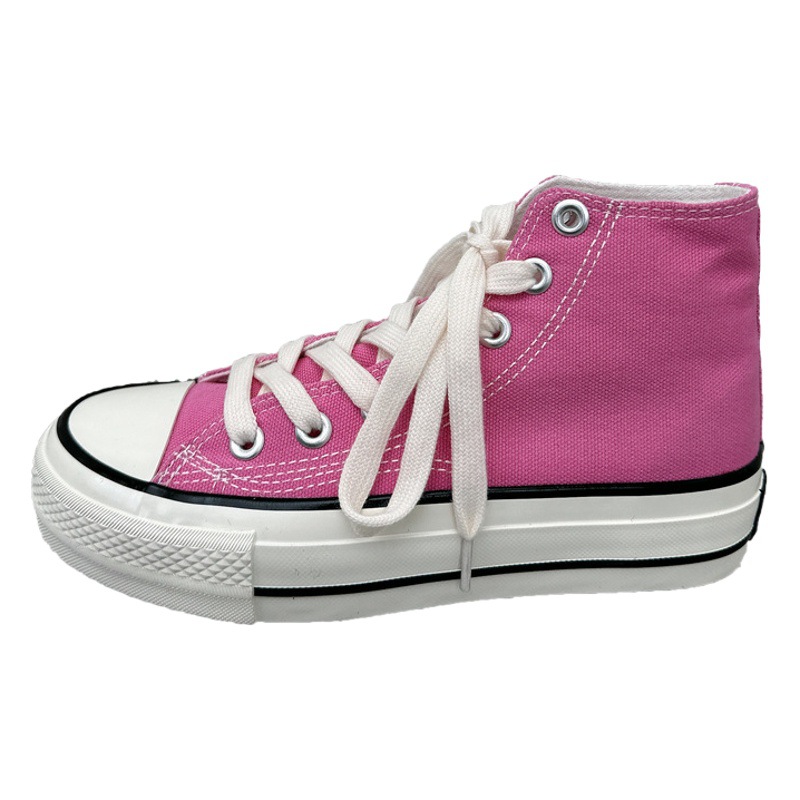2026 Spring/Summer New Korean Style Glossy Cherry Blossom Pink High-Top Canvas Shoes for Women, Thick-Soled Platform Shoes with 4cm Height Increase