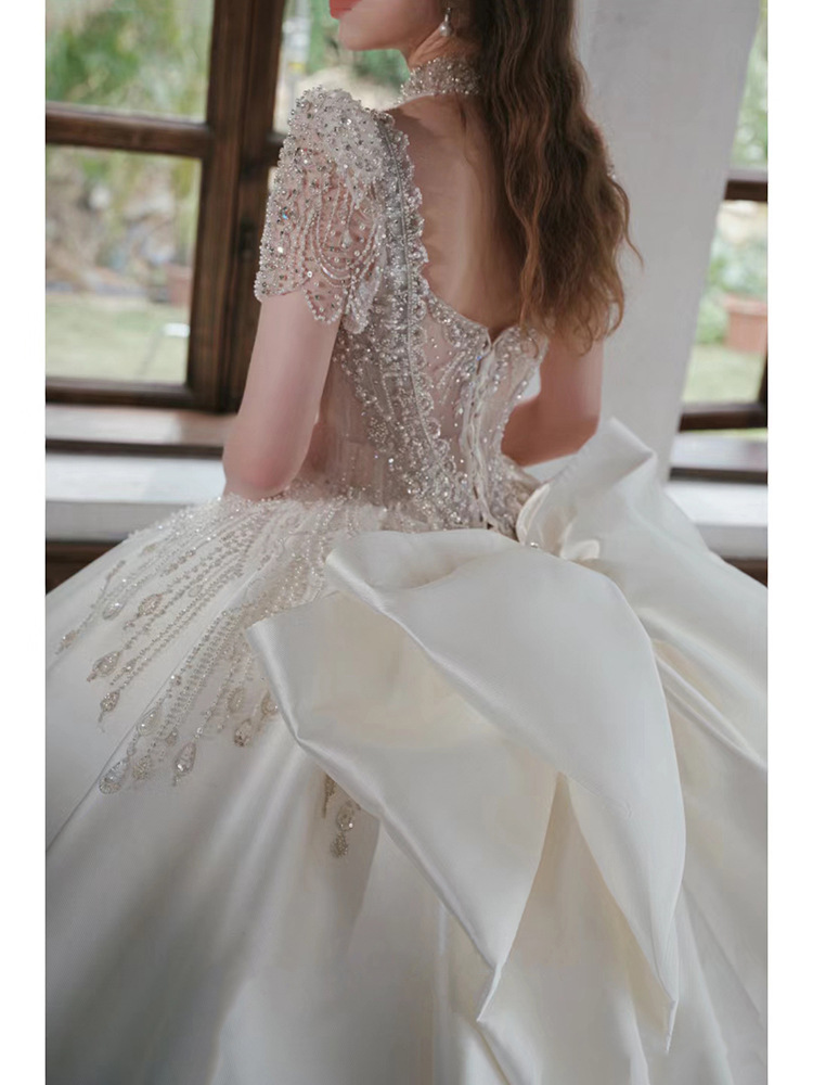 Vestido de novia principal de satén francés, modelo nuevo 2025 para novias pequeñas, artesanía de alta calidad, alta gama, talla grande, cola larga D106