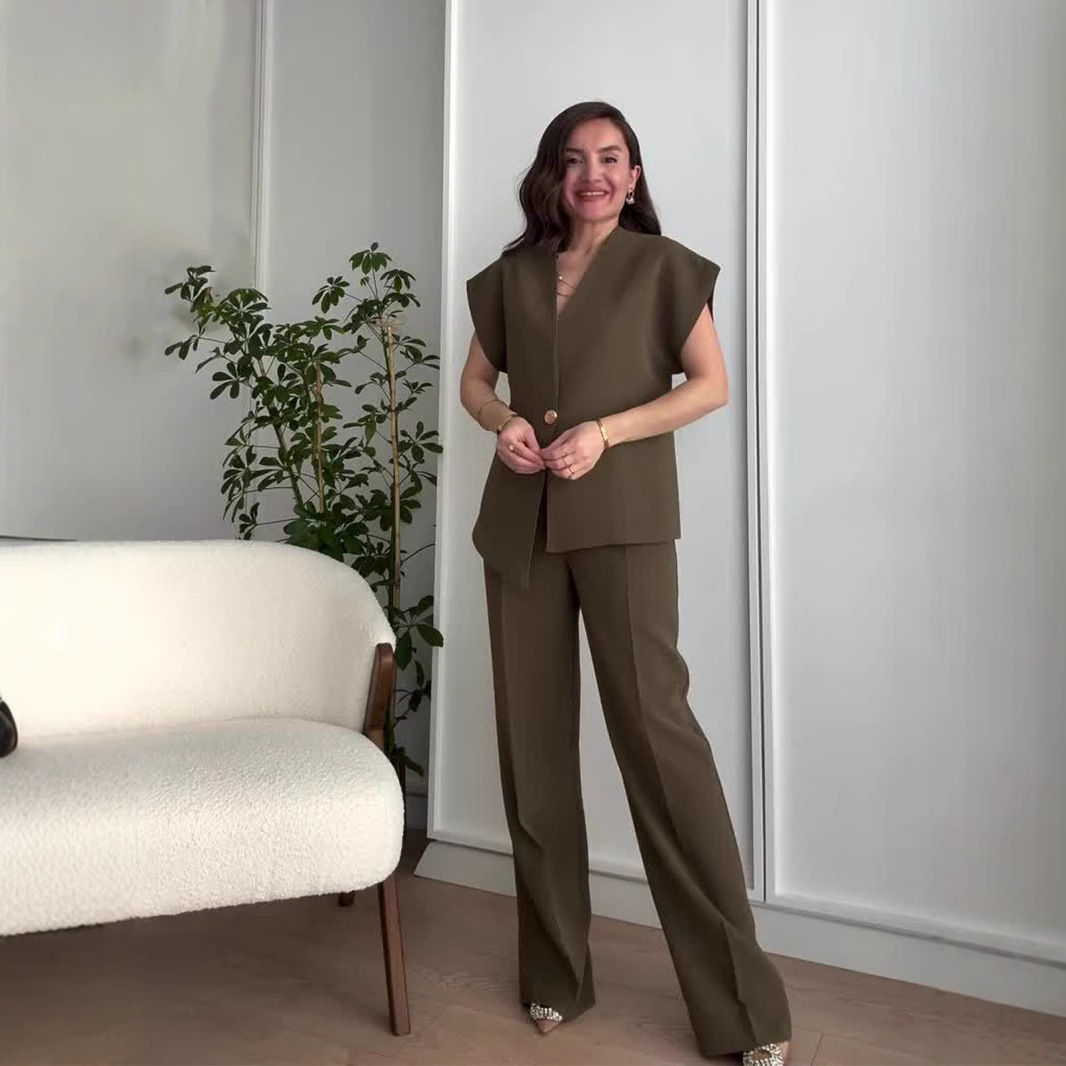 European American Cross-border Women's Fashion 2025 Spring New Style Elegant Irregular V-neck Top And High-waisted Long_ecoleips.com