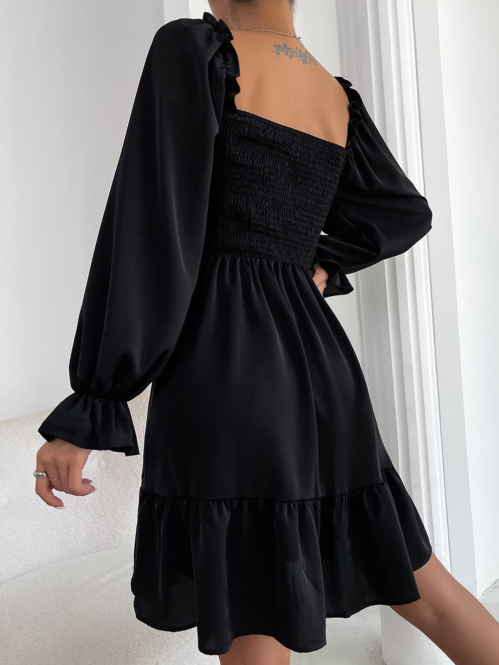374g Weight Knee-Length Dress Length Type Long Sleeve Sleeve Length A-Line Skirt Dresses Type Flounce Sleeve Sleeve Type Polyester Fabric Type High Waist Waist Line Daily Occasion Square Neck Neckline Regular Fit Fit Type Solid Color Pattern Summer, Spring, Autumn Season Women'S Gender Ruffles Design Fashion Style Wholesale Women'S Fashion Ruffles Solid Color Daily Square Neck Long Sleeve A-Line Skirt 12