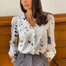 2025亚马逊wish独立站ebay春秋季欧美新款长袖荷叶边衬衣女式衬衫