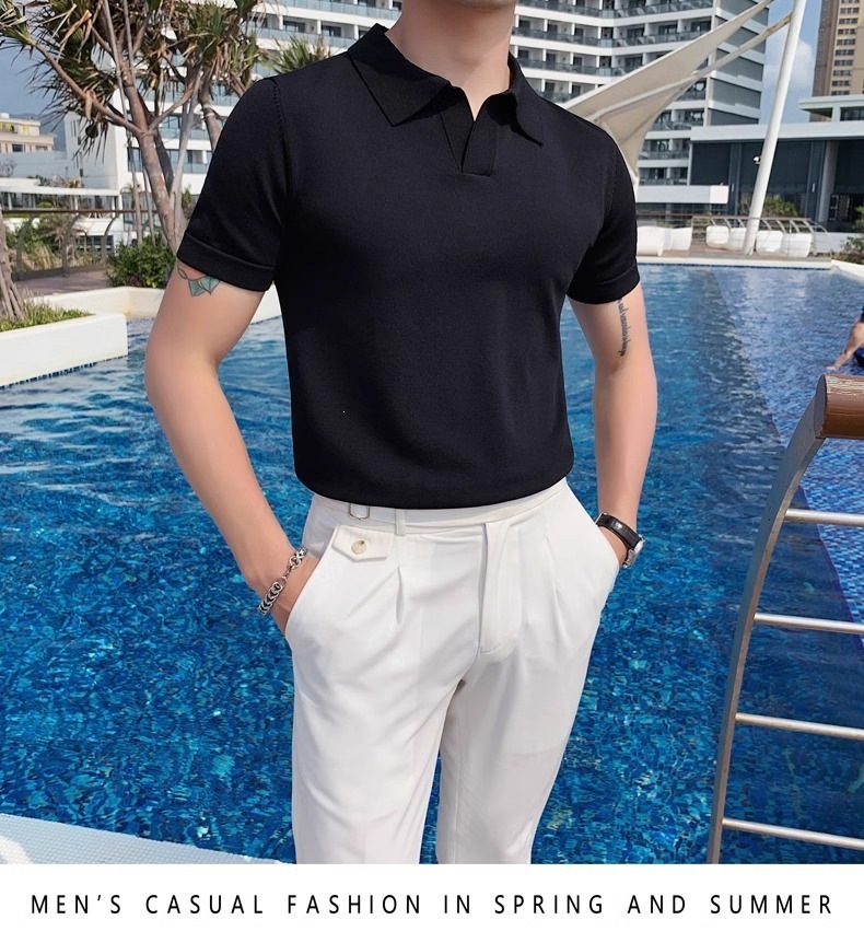 Men's Slim Fit Polo Shirt Silky Cotton Ice Silk Knitted Seagull Collar Short Sleeve Casual Workwear Trendy Sweatshirt_viptrois.com