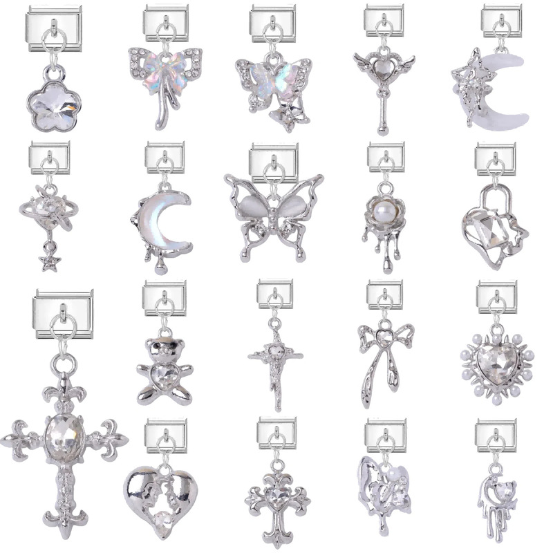 Modular bracelet DIY watch strap with silver butterfly, cross, and crystal pendant, niche European and American jewelry accessories