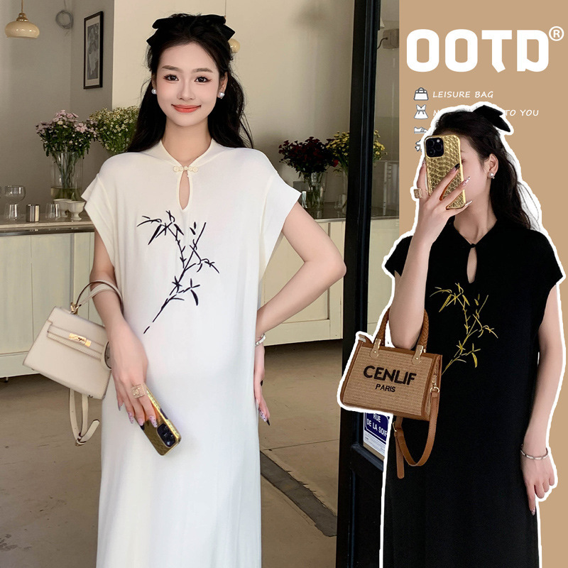 Maternity Wear Summer New Style New Chinese-Style Button Embroidery Improved Cheongsam Elegant Ice Silk Maternity Dress Maternity Wear Summer New Style New Chinese-Style Button Embroidery Improved Cheongsam Elegant Ice Silk Maternity Dress