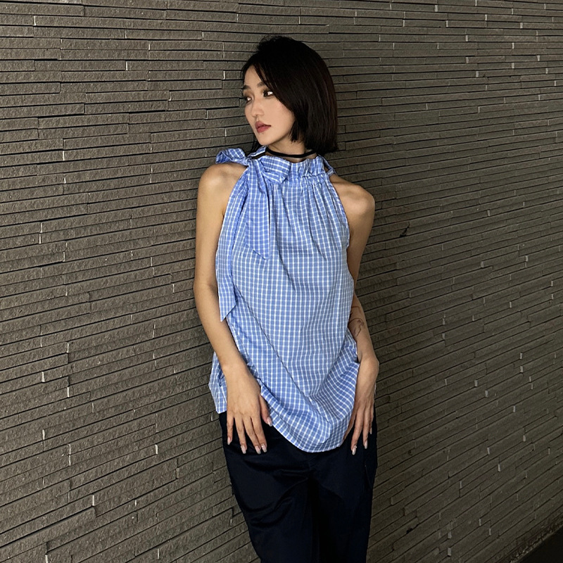 Spot Kok Two-Color Bow Raglan Sleeveless Shirt Playful and Feminine Drawstring Collar Plaid Top