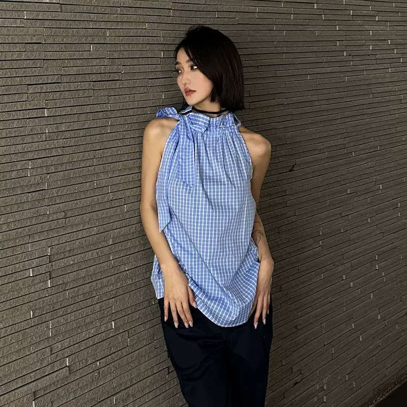 现货KOK 两色 系蝴蝶结插肩无袖衬衫俏皮女性气质抽绳领格纹上衣
