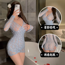 情趣大码网红少女甜美蕾丝透视长袖V领紧身包臀短裙单层时尚连衣