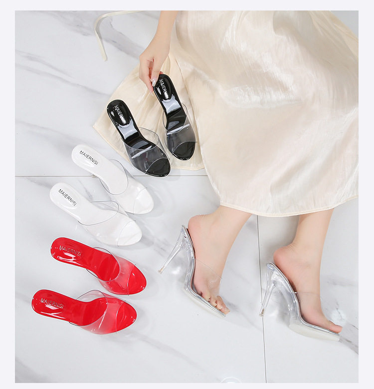 Dép sandal cao gót nhọn quai trong suốt mũi hở phong cách tiên nữ — Màu bạc, Màu trắng, Màu đen, Màu đỏ chi tiết 10