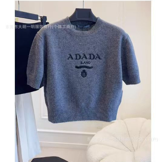 P Home 2025 New Letter Embroidery Logo Wool T-Shirt Cashmere Blended Fashion Knitted Sweater Short-Sleeved Sweater for Women