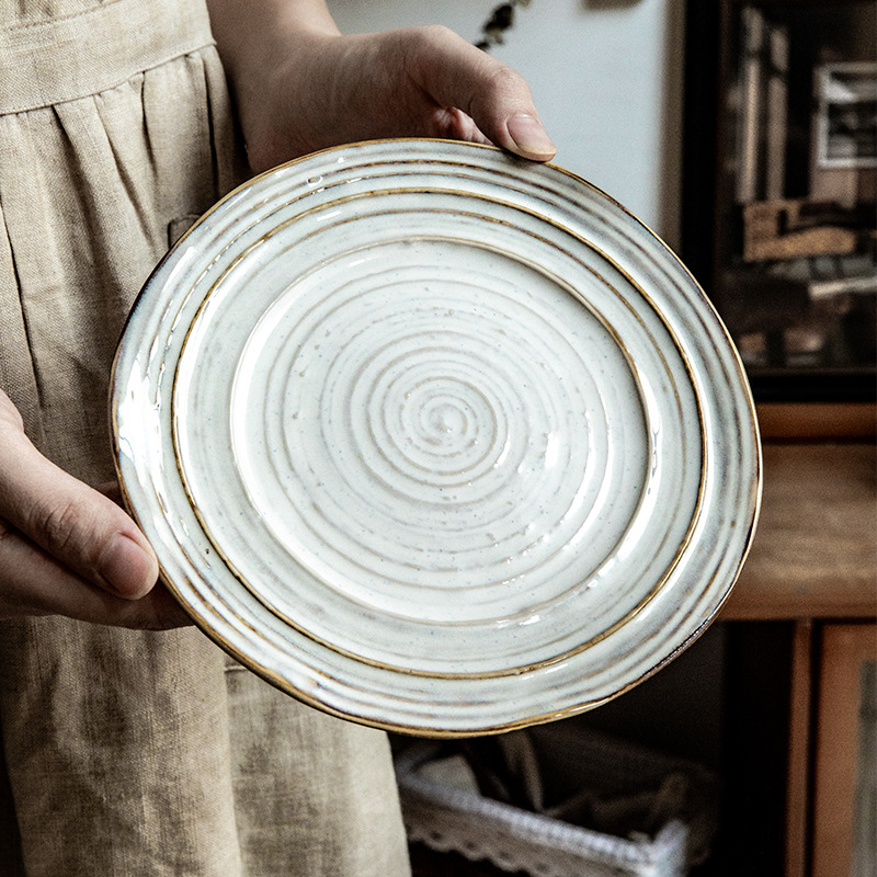 Placa de rosca irregular increíble, placas de cerámica de 7,5 pulgadas, placas de comida occidentales retro, placas de filete de exportación de restaurantes