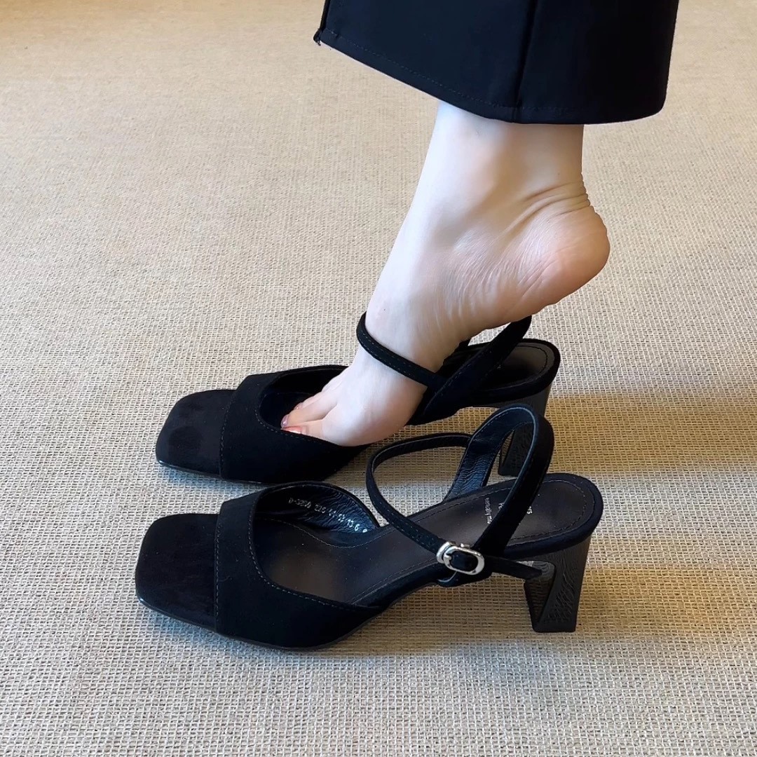 Sheepskin Version ~ 6cm Petite Retro Sheepskin Elegant Square Toe Thick Heel Versatile Commuter Open-Toe Ankle Strap Sandals for Women