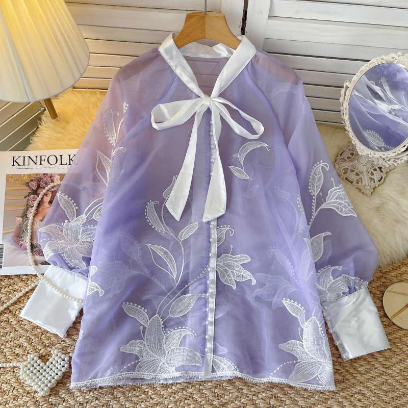 Damenbekleidung Damenoberteile neue Nische schwere Stickerei Schnürung Perlenknöpfe loses Netzhemd_voghion.com