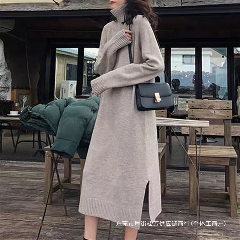 Fashionable and Elegant Long Sweater Dress with a High-Neck Knit Dress Underneath, Suitable for Pairing with a Coat, for Women Fashionable and Elegant Long Sweater Dress with a High-Neck Knit Dress Underneath, Suitable for Pairing with a Coat, for Women
