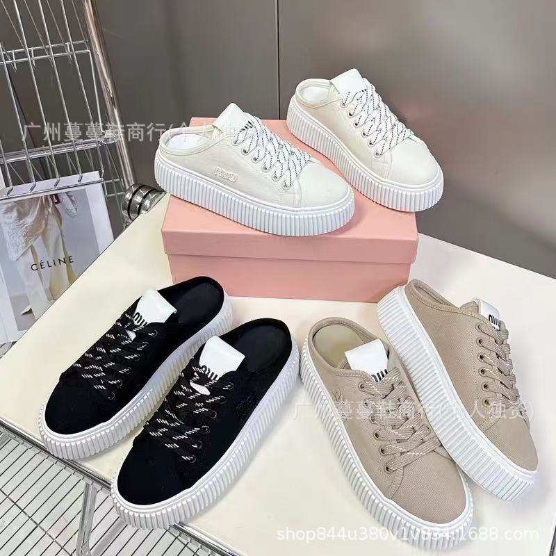 New Miu Canvas Thick-Soled Biscuit Half Slippers Women's Casual Sports Denim Muller Sneakers Baotou White Shoes New Miu Canvas Thick-Soled Biscuit Half Slippers Women's Casual Sports Denim Muller Sneakers Baotou White Shoes